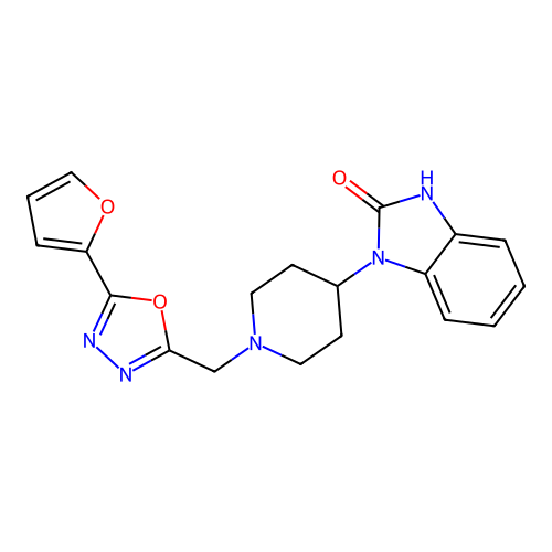 3-[1-[[5-(2-furyl)-1,3,4-oxadiazol-2-yl]methyl]-4-piperidyl]-1H-benzoimidazol-2-one structure