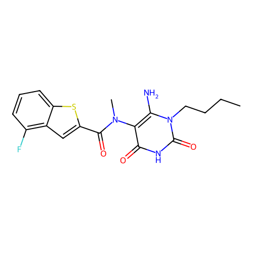 N-(6-amino-1-butyl-2,4-dioxo-1,2,3,4-tetrahydropyrimidin-5-yl)-4-fluoro-N-methyl-1-benzothiophene-2-carboxamide structure
