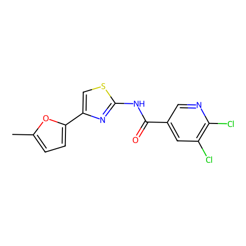 5,6-dichloro-N-[4-(5-methylfuran-2-yl)-1,3-thiazol-2-yl]pyridine-3-carboxamide structure