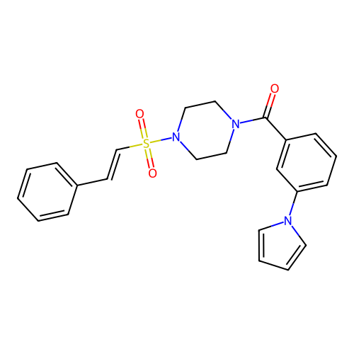 [4-[(E)-2-phenylethenyl]sulfonylpiperazin-1-yl]-(3-pyrrol-1-ylphenyl)methanone structure