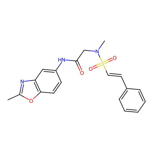 N-(2-methyl-1,3-benzoxazol-5-yl)-2-(N-methyl-2-phenylethenesulfonamido)acetamide structure