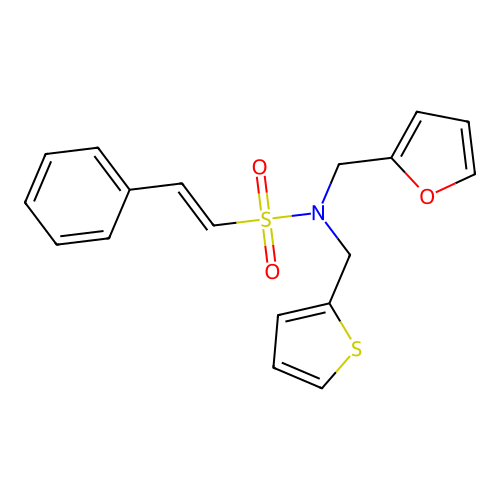 N-[(furan-2-yl)methyl]-2-phenyl-N-[(thiophen-2-yl)methyl]ethene-1-sulfonamide structure