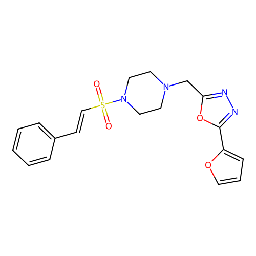 1-[[5-(2-furyl)-1,3,4-oxadiazol-2-yl]methyl]-4-[(E)-2-phenylethenyl]sulfonyl-piperazine structure