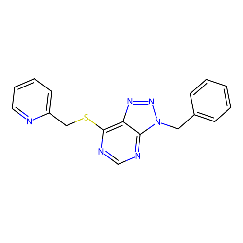 3-benzyl-7-((pyridin-2-ylmethyl)thio)-3H-[1,2,3]triazolo[4,5-d]pyrimidine structure