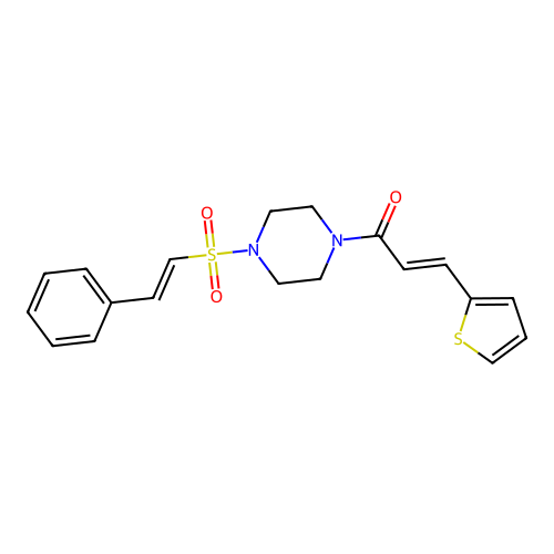 (E)-1-[4-[(E)-2-phenylethenyl]sulfonylpiperazin-1-yl]-3-thiophen-2-ylprop-2-en-1-one structure