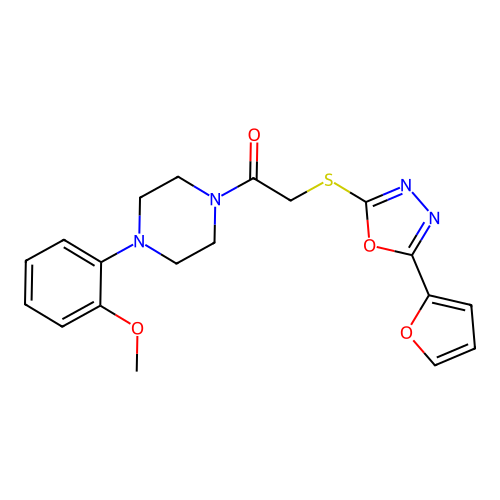 2-{[5-(furan-2-yl)-1,3,4-oxadiazol-2-yl]sulfanyl}-1-[4-(2-methoxyphenyl)piperazin-1-yl]ethanone structure