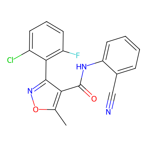 3-(2-chloro-6-fluorophenyl)-N-(2-cyanophenyl)-5-methyl-1,2-oxazole-4-carboxamide structure