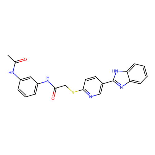 N-(3-acetamidophenyl)-2-[5-(1H-benzimidazol-2-yl)pyridin-2-yl]sulfanylacetamide structure