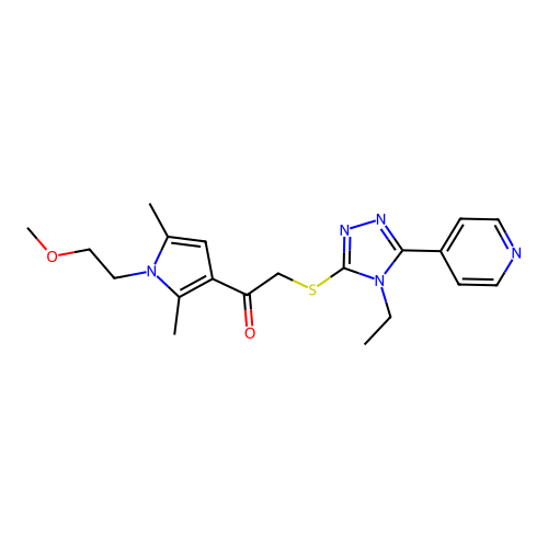 2-((4-ethyl-5-(pyridin-4-yl)-4H-1,2,4-triazol-3-yl)thio)-1-(1-(2-methoxyethyl)-2,5-dimethyl-1H-pyrrol-3-yl)ethanone structure