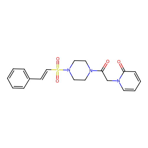 1-[2-oxo-2-[4-[(E)-2-phenylethenyl]sulfonylpiperazin-1-yl]ethyl]pyridin-2-one structure