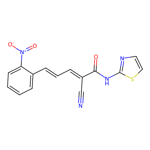 2-cyano-5-(2-nitrophenyl)-N-(1,3-thiazol-2-yl)penta-2,4-dienamide structure