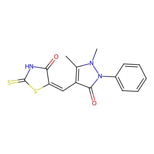 (5E)-5-[(1,5-dimethyl-3-oxo-2-phenylpyrazol-4-yl)methylidene]-2-sulfanylidene-1,3-thiazolidin-4-one structure