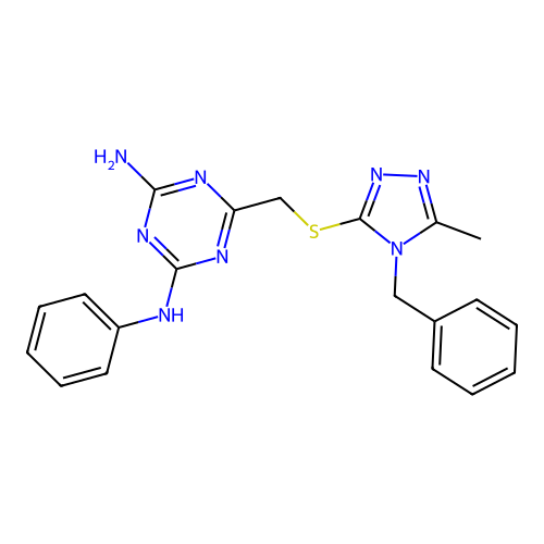 (4-Amino-6-{[5-methyl-4-benzyl(1,2,4-triazol-3-ylthio)]methyl}(1,3,5-triazin-2-yl))phenylamine structure