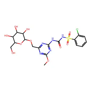 3-(2-Chlorophenyl)sulfonyl-1-(4-methoxy-6-(((2R,3R,4S,5S,6R)-3,4,5-trihydroxy-6-(hydroxymethyl)oxan-2-yl)oxymethyl)-1,3,5-triazin-2-yl)urea structure
