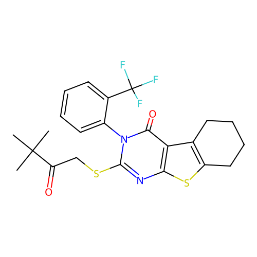 2-(3,3-dimethyl-2-oxobutyl)sulfanyl-3-[2-(trifluoromethyl)phenyl]-5,6,7,8-tetrahydro-[1]benzothiolo[2,3-d]pyrimidin-4-one structure