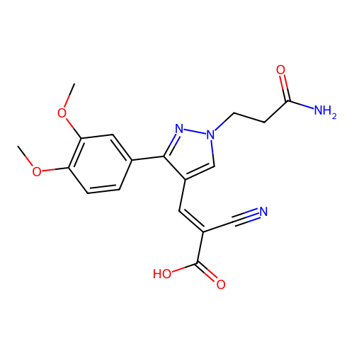 3-[1-(2-carbamoylethyl)-3-(3,4-dimethoxyphenyl)-1H-pyrazol-4-yl]-2-cyanoprop-2-enoic acid structure