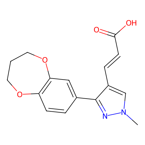 (2E)-3-[3-(3,4-dihydro-2H-1,5-benzodioxepin-7-yl)-1-methyl-1H-pyrazol-4-yl]prop-2-enoic acid structure
