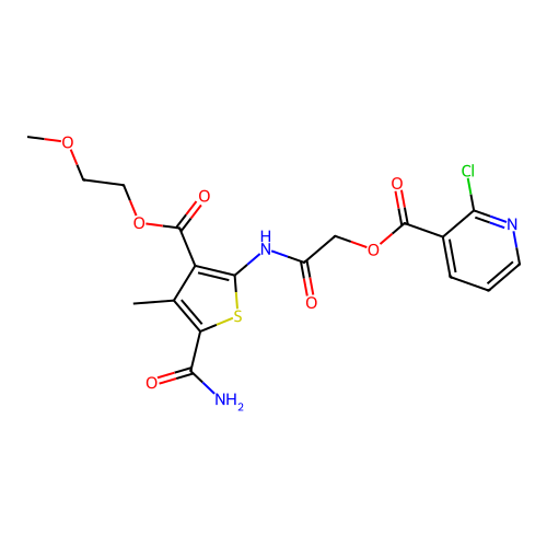 [2-[[5-carbamoyl-3-(2-methoxyethoxycarbonyl)-4-methylthiophen-2-yl]amino]-2-oxoethyl] 2-chloropyridine-3-carboxylate structure
