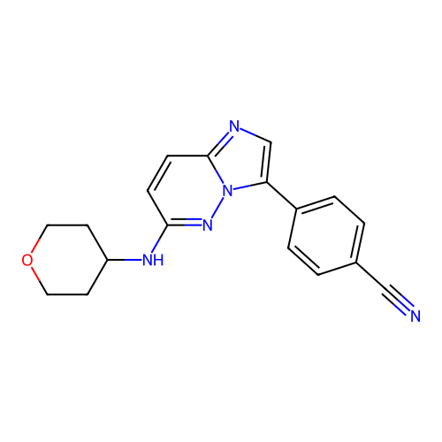 4-{6-[(Oxan-4-yl)amino]imidazo[1,2-b]pyridazin-3-yl}benzonitrile structure