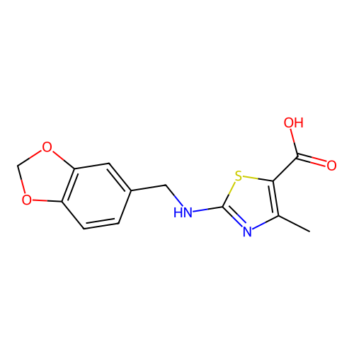 2-(1,3-Benzodioxol-5-ylmethylamino)-4-methyl-1,3-thiazole-5-carboxylic acid structure