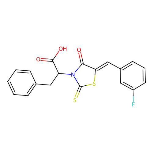 2-[(5Z)-5-(3-fluorobenzylidene)-4-oxo-2-thioxo-1,3-thiazolidin-3-yl]-3-phenylpropanoic acid structure