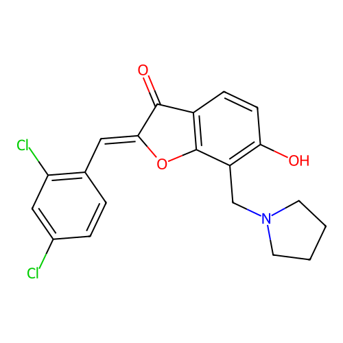 (2Z)-2-(2,4-dichlorobenzylidene)-6-hydroxy-7-(pyrrolidin-1-ylmethyl)-1-benzofuran-3(2H)-one structure
