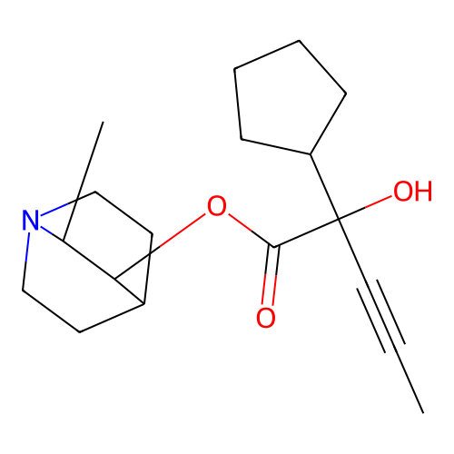 Cyclopentaneglycolic acid, alpha-(1-propynyl)-, 2-methyl-3-quinuclidinyl ester structure