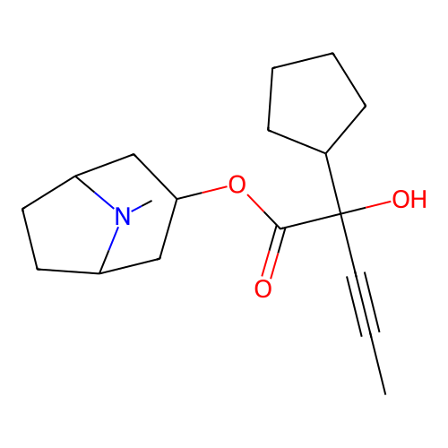 Cyclopentaneglycolic acid, alpha-(1-propynyl)-, 3-alpha-tropanyl ester structure