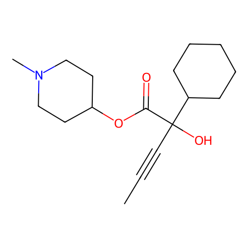 Cyclohexaneglycolic acid, alpha-(1-propynyl)-, 1-methyl-4-piperidyl ester structure