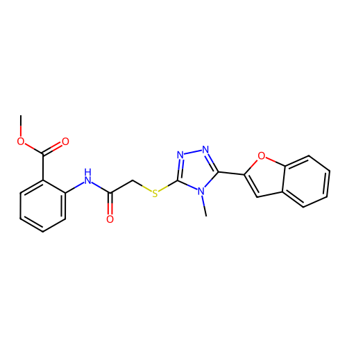 methyl 2-(2-((5-(benzofuran-2-yl)-4-methyl-4H-1,2,4-triazol-3-yl)thio)acetamido)benzoate structure