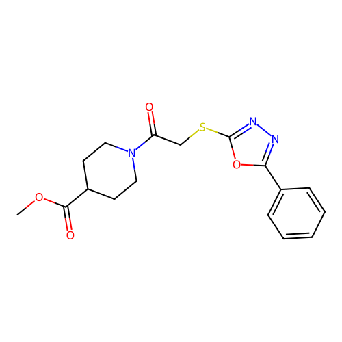 methyl 1-(2-((5-phenyl-1,3,4-oxadiazol-2-yl)thio)acetyl)piperidine-4-carboxylate structure