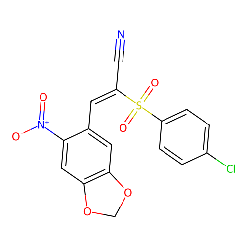 (E)-2-[(4-chlorophenyl)sulfonyl]-3-(6-nitro-1,3-benzodioxol-5-yl)-2-propenenitrile structure