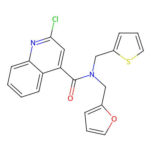 2-chloro-N-[(furan-2-yl)methyl]-N-[(thiophen-2-yl)methyl]quinoline-4-carboxamide structure