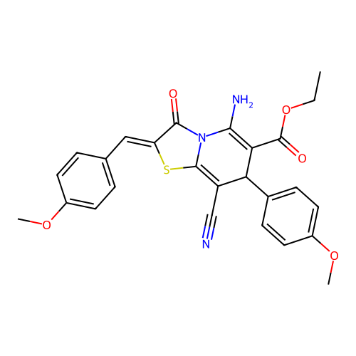 (Z)-ethyl 5-amino-8-cyano-2-(4-methoxybenzylidene)-7-(4-methoxyphenyl)-3-oxo-3,7-dihydro-2H-thiazolo[3,2-a]pyridine-6-carboxylate structure