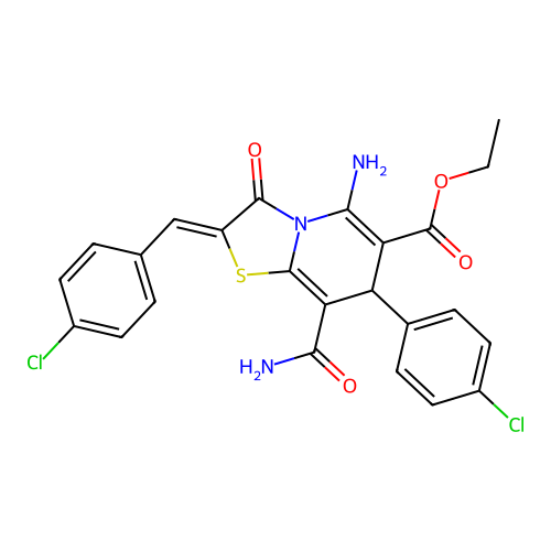 ethyl (2Z)-5-amino-8-carbamoyl-7-(4-chlorophenyl)-2-[(4-chlorophenyl)methylidene]-3-oxo-7H-[1,3]thiazolo[3,2-a]pyridine-6-carboxylate structure