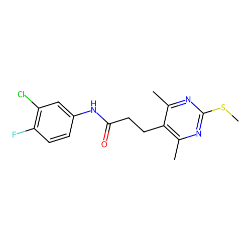 N-(3-chloro-4-fluorophenyl)-3-(4,6-dimethyl-2-methylsulfanylpyrimidin-5-yl)propanamide structure