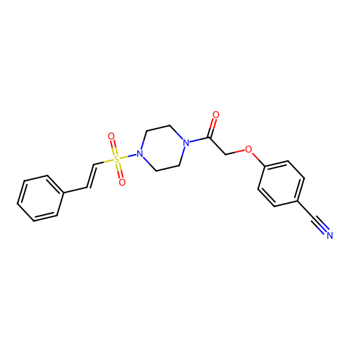 4-[2-oxo-2-[4-[(E)-2-phenylethenyl]sulfonylpiperazin-1-yl]ethoxy]benzonitrile structure