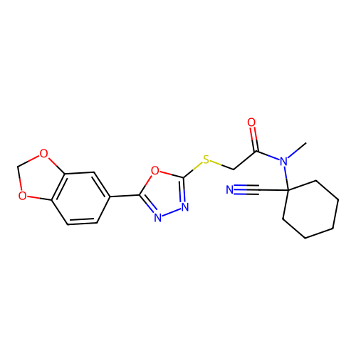 2-[[5-(1,3-benzodioxol-5-yl)-1,3,4-oxadiazol-2-yl]sulfanyl]-N-(1-cyanocyclohexyl)-N-methylacetamide structure