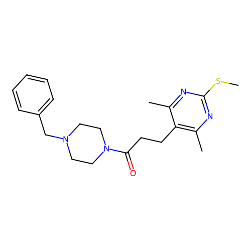 1-(4-benzylpiperazin-1-yl)-3-(4,6-dimethyl-2-methylsulfanyl-pyrimidin-5-yl)propan-1-one structure
