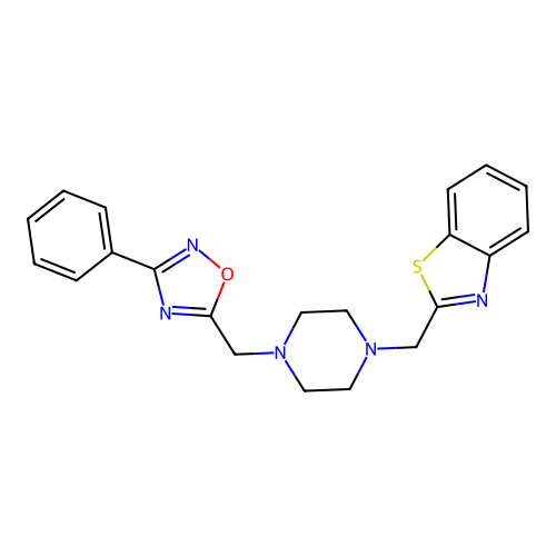 2-({4-[(3-phenyl-1,2,4-oxadiazol-5-yl)methyl]piperazin-1-yl}methyl)-1,3-benzothiazole structure