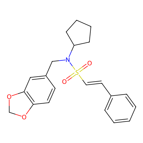 N-[(1,3-dioxaindan-5-yl)methyl]-N-cyclopentyl-2-phenylethene-1-sulfonamide structure