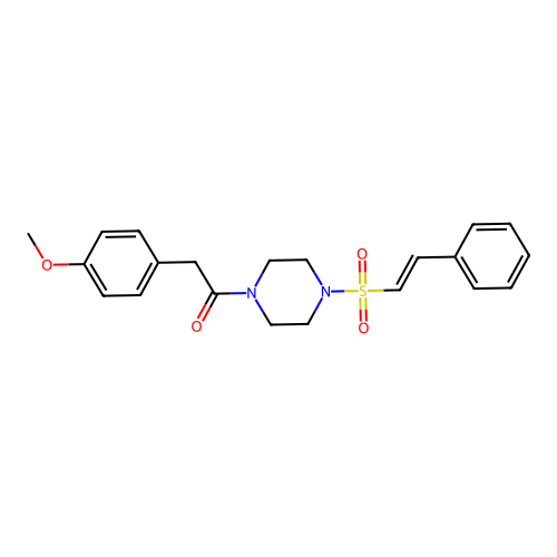2-(4-methoxyphenyl)-1-[4-[(E)-2-phenylethenyl]sulfonylpiperazin-1-yl]ethanone structure