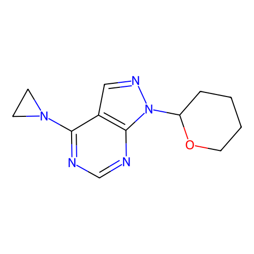 4-(1-aziridinyl)-1-tetrahydro-2H-pyran-2-yl-1H-pyrazolo[3,4-d]pyrimidine structure