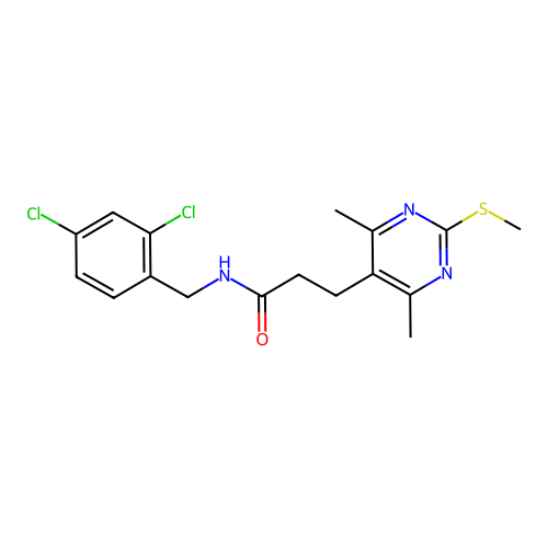 N-[(2,4-dichlorophenyl)methyl]-3-(4,6-dimethyl-2-methylsulfanylpyrimidin-5-yl)propanamide structure