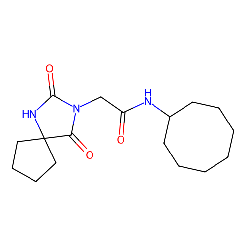 N-cyclooctyl-2-(2,4-dioxo-1,3-diazaspiro[4.4]nonan-3-yl)acetamide structure