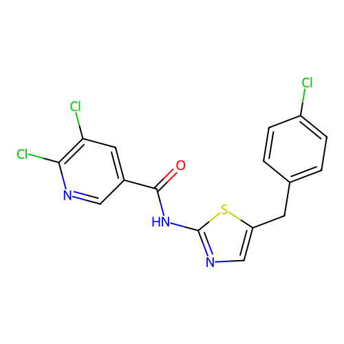 5,6-dichloro-N-[5-[(4-chlorophenyl)methyl]-1,3-thiazol-2-yl]pyridine-3-carboxamide structure