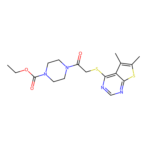 ethyl 4-(2-((5,6-dimethylthieno[2,3-d]pyrimidin-4-yl)thio)acetyl)piperazine-1-carboxylate structure