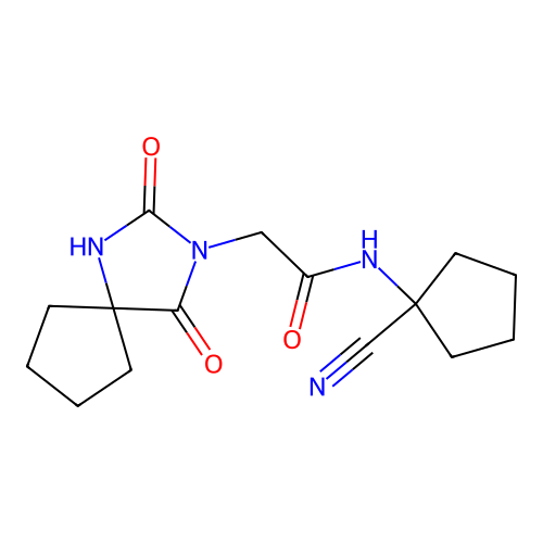 N-(1-cyanocyclopentyl)-2-(2,4-dioxo-1,3-diazaspiro[4.4]nonan-3-yl)acetamide structure