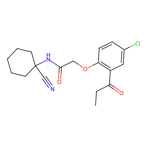2-(4-chloro-2-propanoylphenoxy)-N-(1-cyanocyclohexyl)acetamide structure