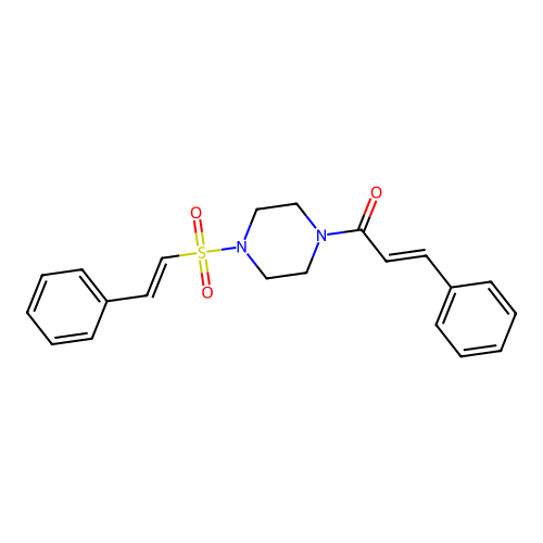(E)-3-phenyl-1-[4-[(E)-2-phenylethenyl]sulfonylpiperazin-1-yl]prop-2-en-1-one structure